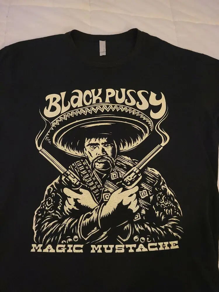 Black Pussy Magic Mustasche T-shirt Black  Men's L - PERFECT!! AWESOME!! Short Sleeve Tops Tees Cotton Print Tshirts