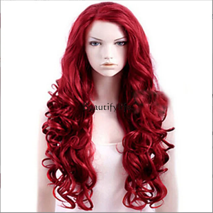 Long curly hair burgundy simulation wig full headgear