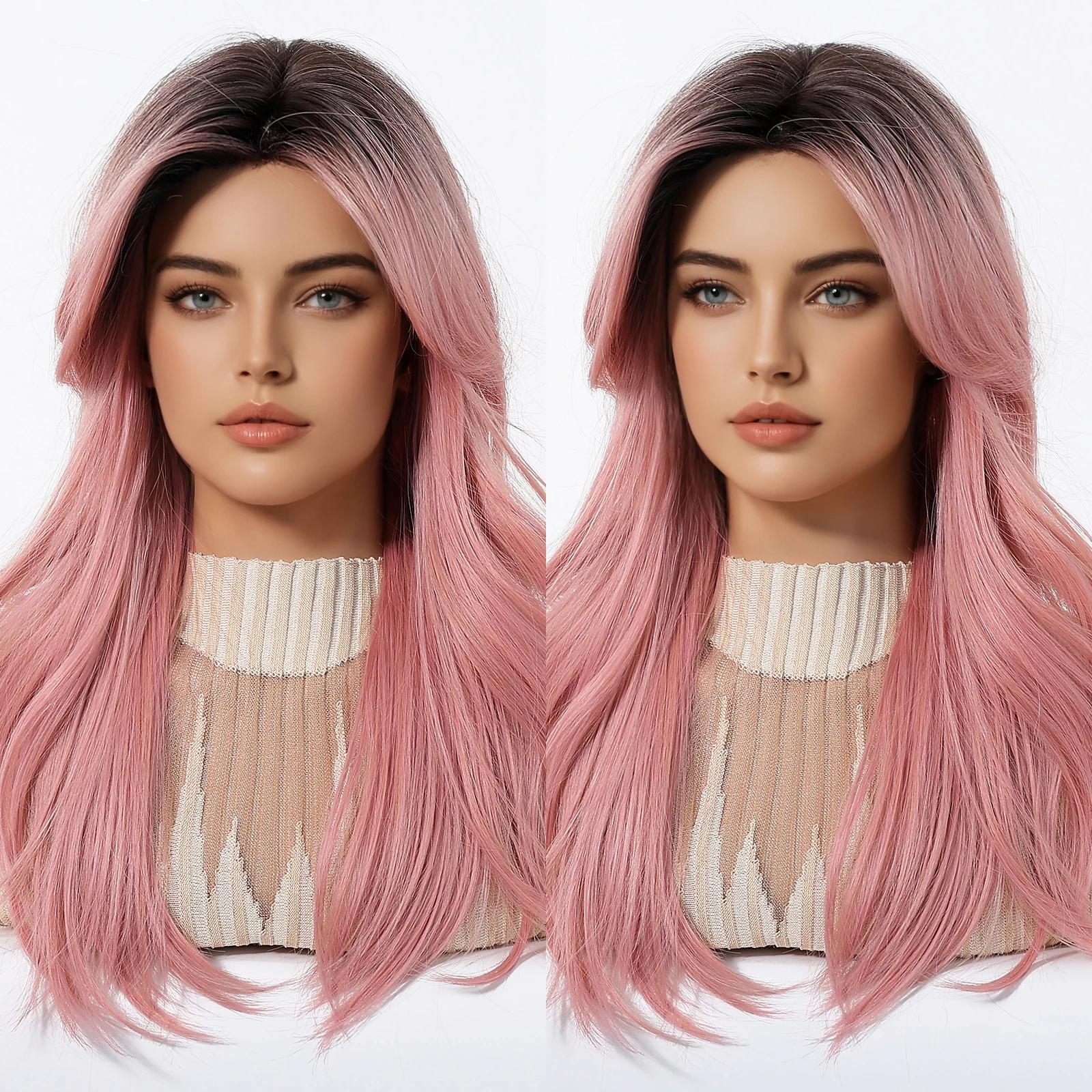 Pink Ombre Long Synthetic Wig with Curtain Bangs Wavy Lolita Cosplay Hair for Women Heat Resistant Natural Daily Party Wig