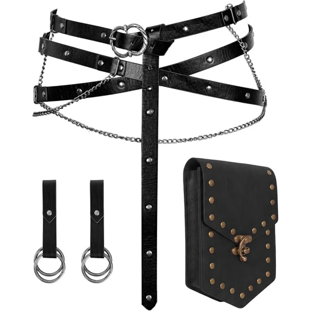 1PC/4PCS Medieval PU Leather Waist Bag Viking Multi-Layer Belt Hiking Skirt Clip Retro Halloween Costume Prop for Men And Woman