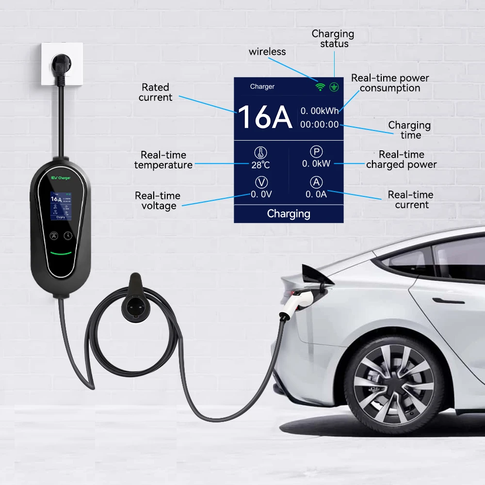 3.5kW Portable EV Charger 16A 1Phase Type2 IEC 62196-2 EVSE Charging 2.8M Cable Type1 SAE J1772 Wallbox WiFi APP Remote Control