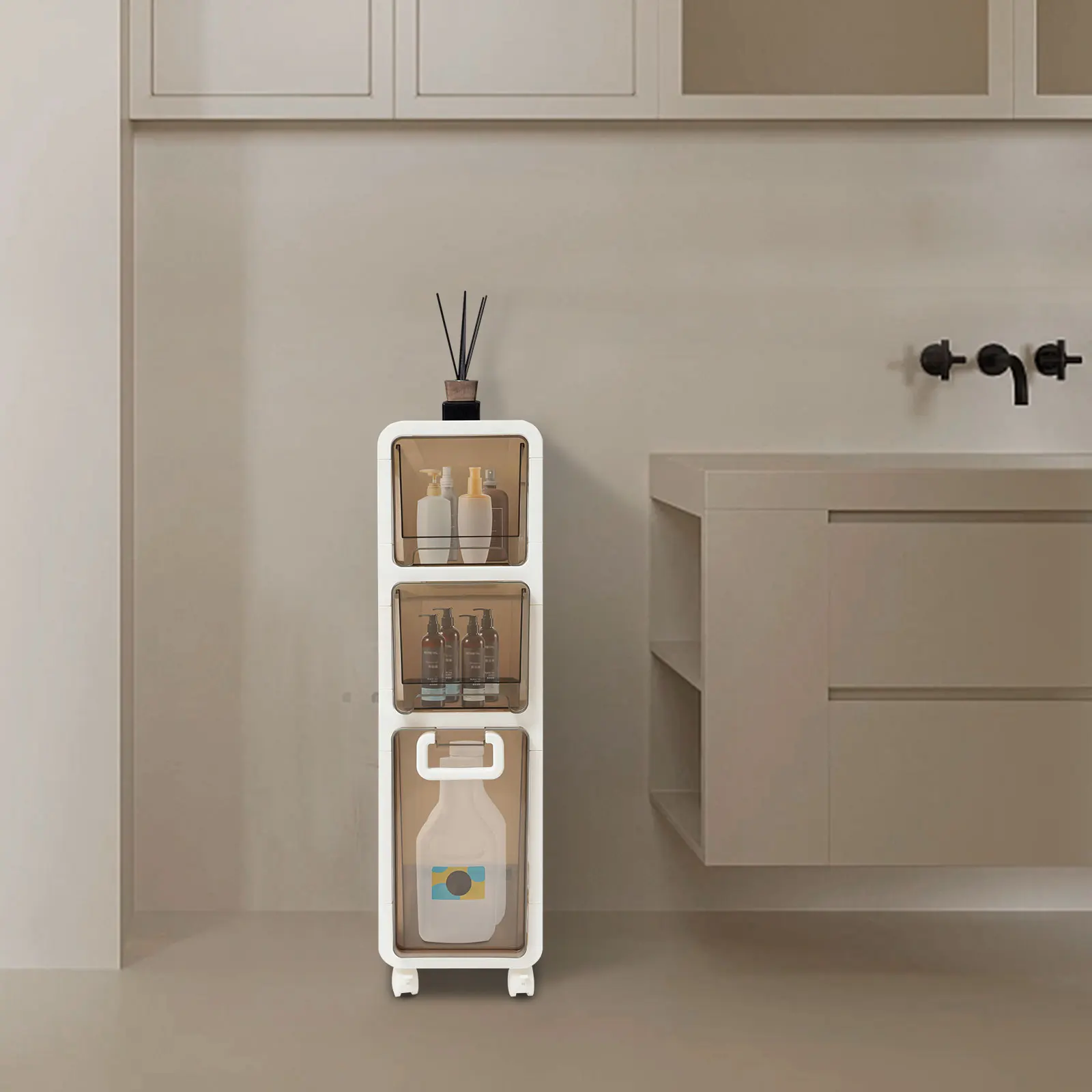 Bathroom Floor Cabinet Narrow 3-Tier Slim Storage Organizer, Freestanding PP Cabinet with 4 Wheels & Brakes, 42.5x23x81cm for Bathroom Kitchen Laundry Room, White/Brown