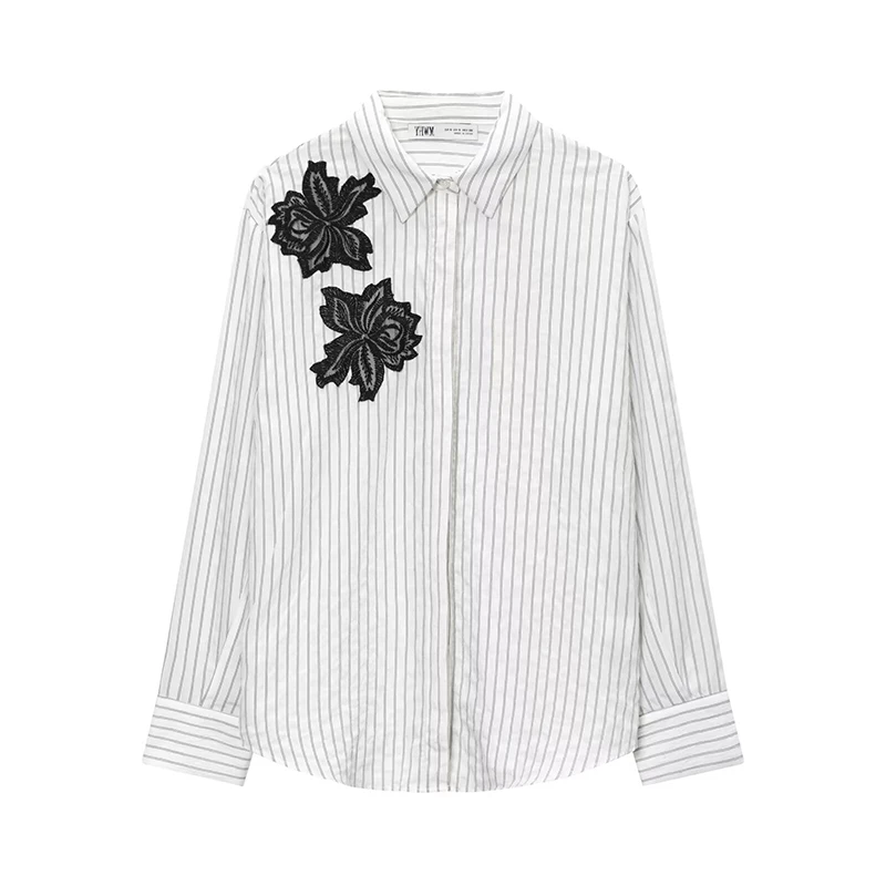 

Chic Fashion Stripe Shirts for Women 2025 New Long Sleeve Flower Lace Elegant Women's Streetwear Casual Shirt And Blouse Top ﻿