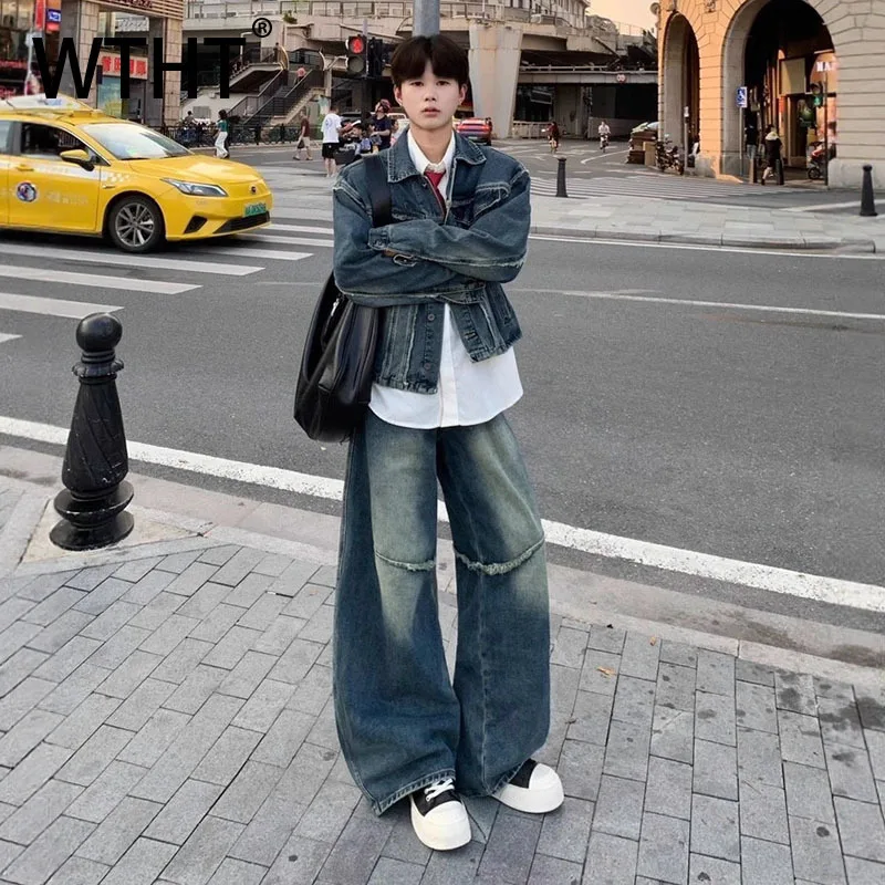 

WTHT Vintage Men's Suit Patchwork Do Old Lapel Denim Coats Hole Burr Edge Gradient Loose Jeans Set Male 2025 Autumn 2A2028