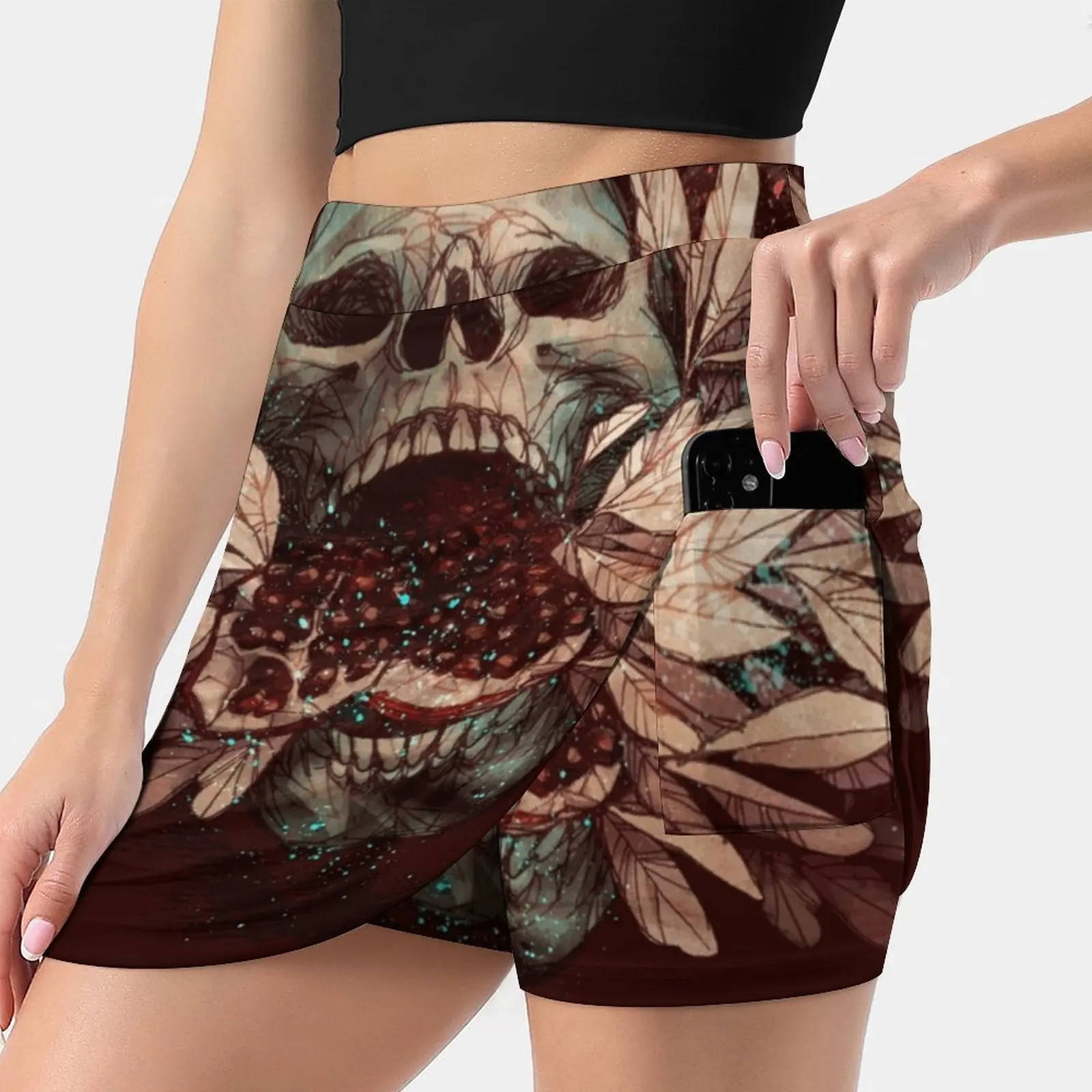 Persephone'S Garden Women Sports Lining Skirt Tennis Dance Fitness Short Printed Skirts Pomegranate Skull Leaves Bones Spooky