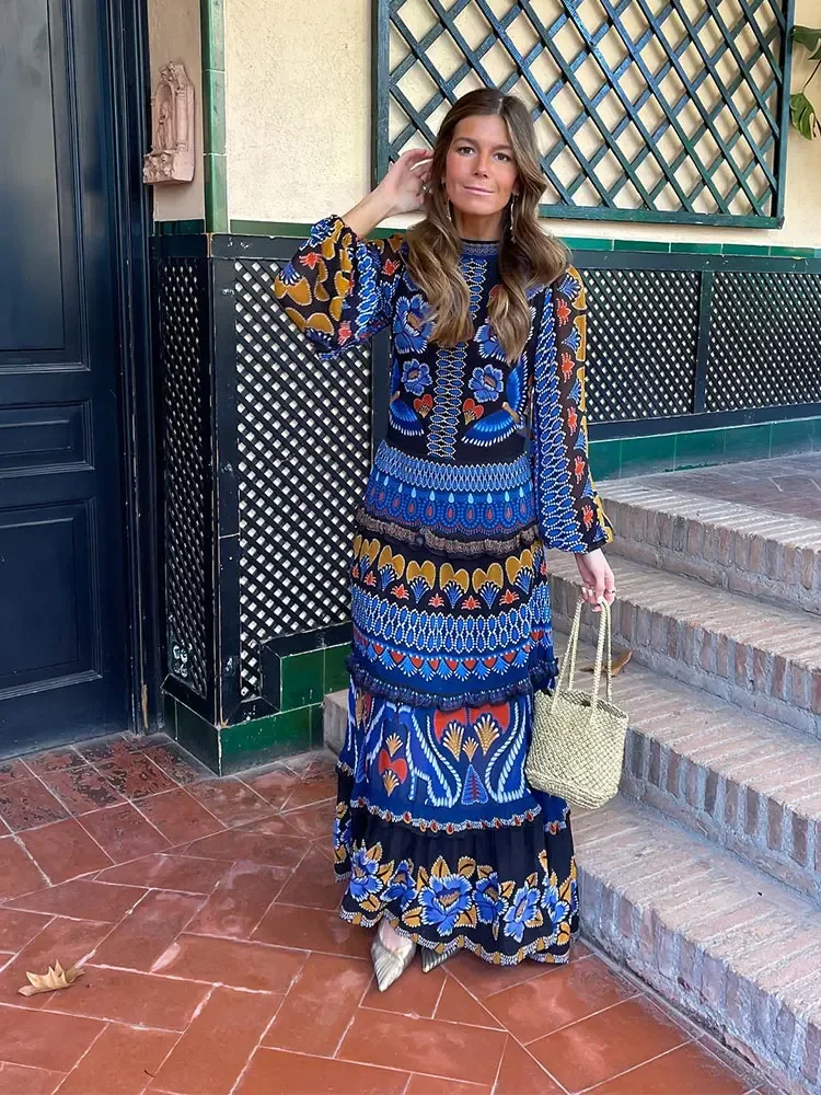 

Women Vintage Print Maxi Dress For Women Fashion O Neck Long Sleeve Pleated Dresses Spring Lady High Street Commute Vestidos