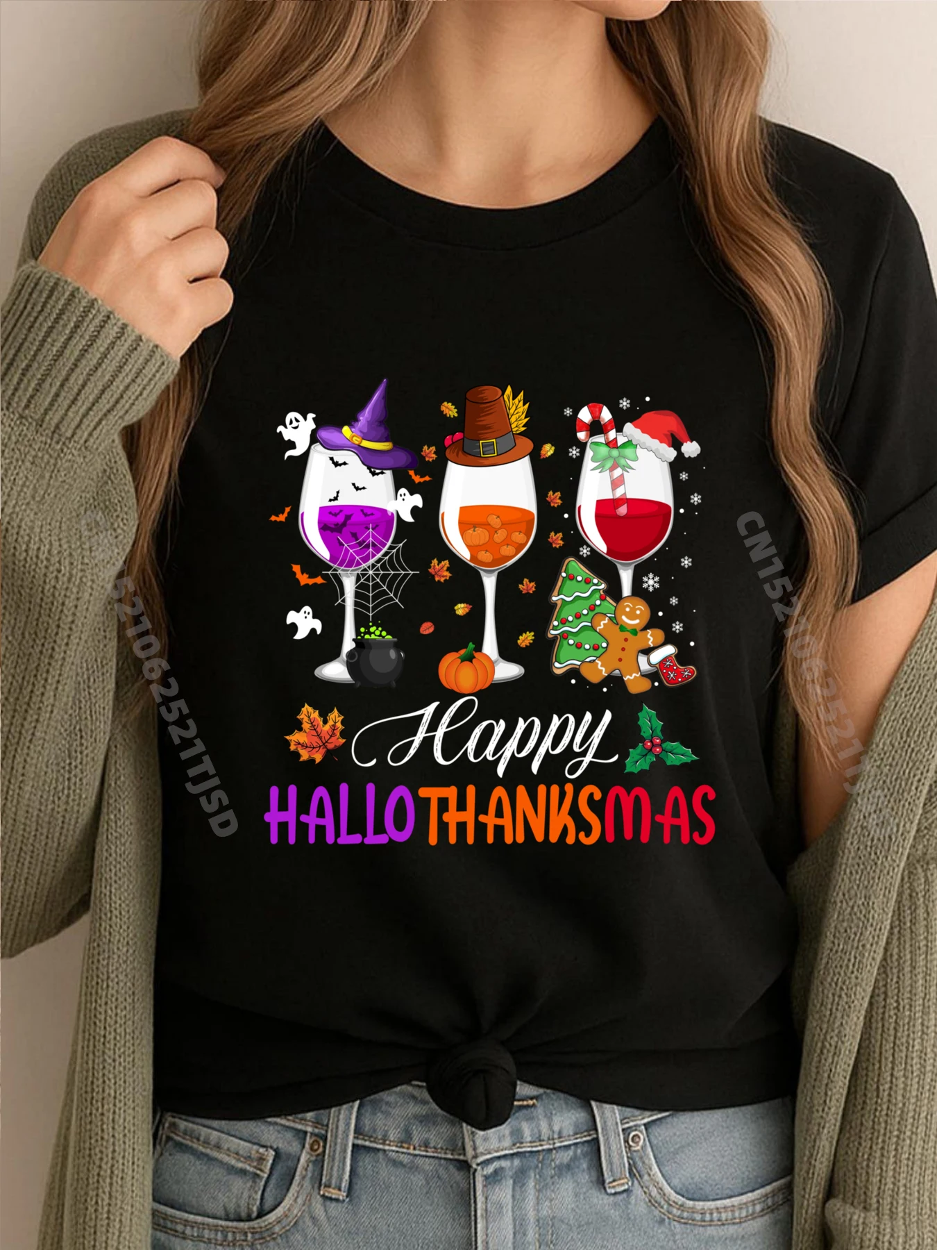 

Happy Hallothanksmas Wine Glasses Хэллоуин День Благодарения Grpahic Футболка Забавные футболки