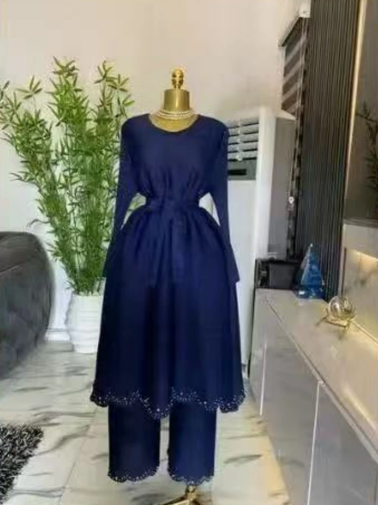 

2025 New Loose Miyake Pleated Solid Pants Suit Beaded Micro-lazy Long-sleeved Top + Straight Pants Casual Set Female