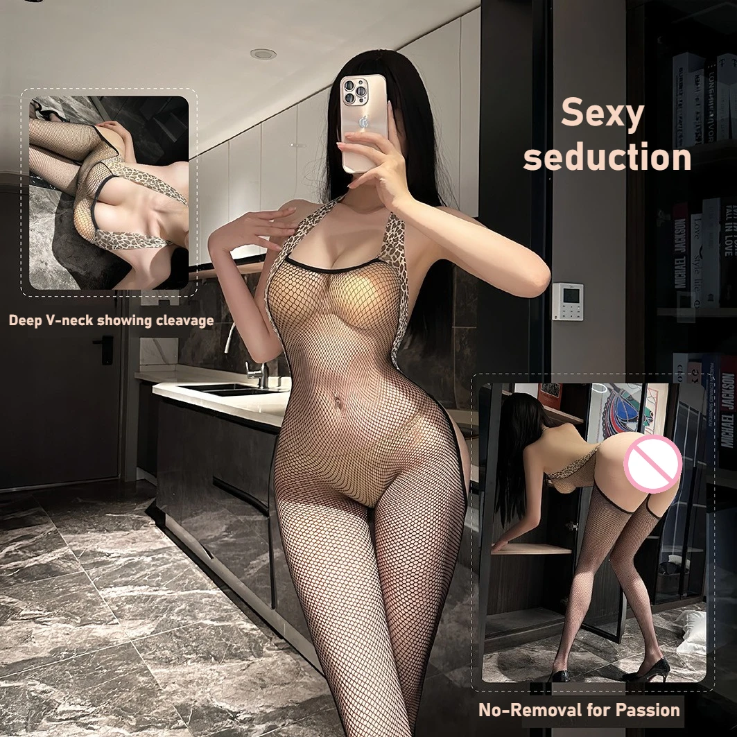 

Plus-Size Sheer Mesh Bodysuit with Cut-Out Details - Sexy Open-Crotch Fishnet Stockings & Leopard Print Lingerie Set