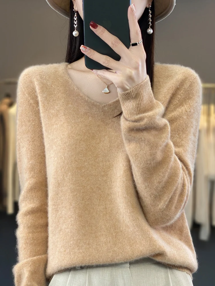 

New Autumn Winter Women Basics Cashmere Sweater V-Neck Pullover 100% Merino Wool Knitwear Female Grace Soft Knitting Casual Top