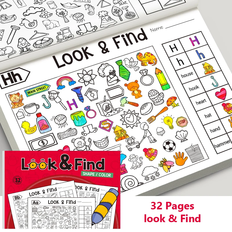 Jogo de pesquisa infantil para itens, melhora a percepção visual, livro para colorir divertido, foco e atenção, livro de exercícios de escrita