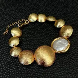 Y.YING Cultured White Coin Keshi Pearl Brushed Bead Bracelet Graduated Fashion Jewelry