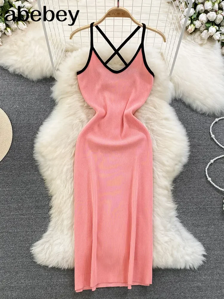 Pink/Black Halter Summer Knit Sexy Strap Dress Women  Elatic Waist Bodycon Sundress Female Beach  Backless Long Dress