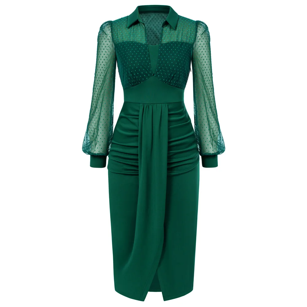 BP Frauen Damen Vintage Mesh Patchwork Kleid Langarm Revers Kragen Wrap Saum, Figurbetontes Kleid Hohe Stretch