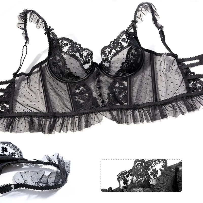 Ensemble de lingerie française à volants pour femmes, sous-vêtements sexy, soutien-gorge push-up, dentelle transparente, ensembles de culottes de soutien-gorge, sous-vêtements fins blancs de mariage