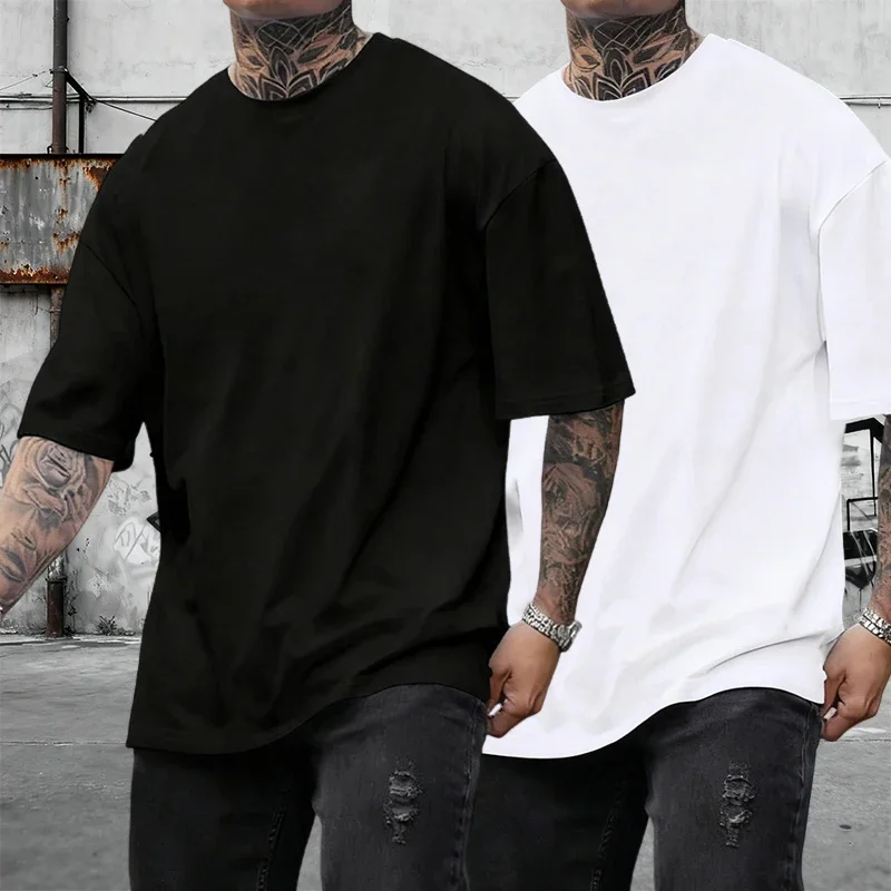 2 Pcs Mens T-shirt Cotton Black White Short Sleeved Casual Tees Outdoors Sports Jogging Man Clothing Quality Loose Soft T-shirt