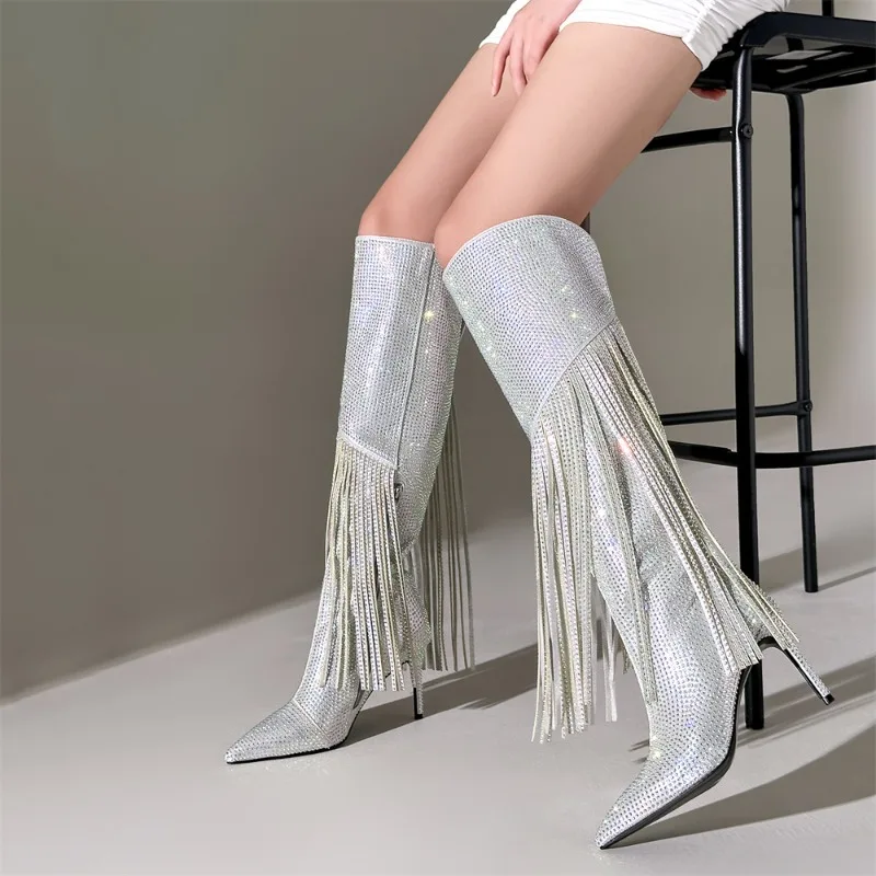 European and American Women\'s Sexy Tassels, Slim High Heels, Rhinestone Boots, Women\'s Fashion Runway Boots, Banquet Shoes