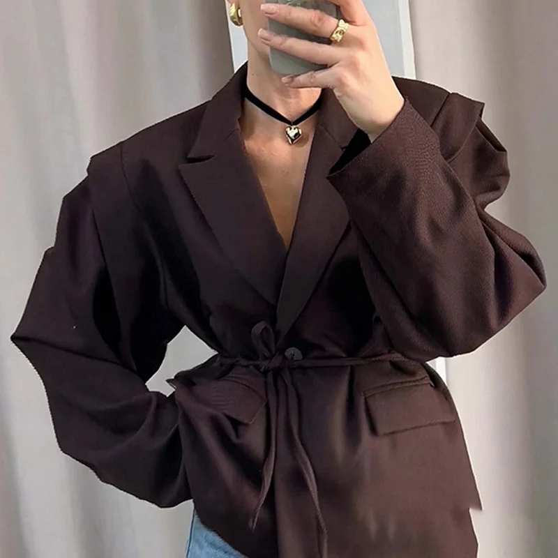 Spring Autumn Fashion Women's Pure Color Belted Shoulder Pad Suit Coat Commute Style Loose Fit Long Sleeve Regular Length