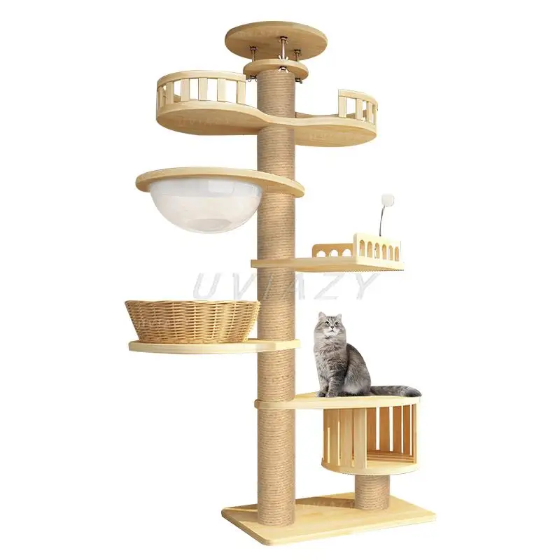 

Large Multi-Level Cat Tree Shelf Wood Climbing Frame Scratching Post Sisal Pillar Grinding Paws Jumping Platform Perch Tower