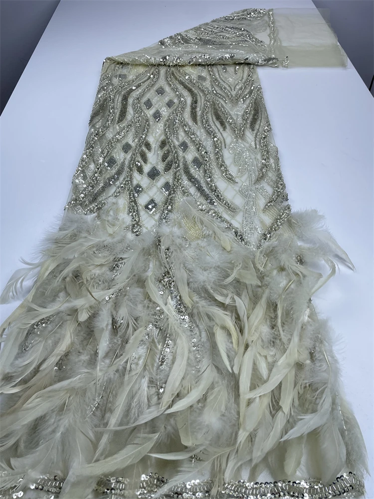 

Новейшая африканская 3D сетчатая кружевная ткань с перьями 2026, французская нигерийская кружевная ткань ручной работы с блестками и бисером для шитья женского праздничного платья