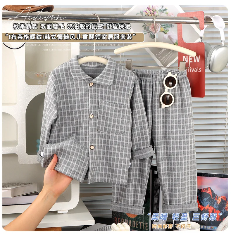 Langarm-Langhosen-Mädchen-Pyjama, kariertes Loungewear-Set, Herbst-Winter-Loungewear, dickes zweiteiliges Set, Pyjama mit Kragen für Kinder und Jungen – Detail 7
