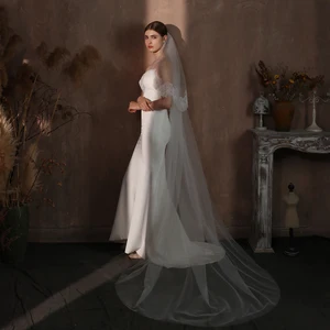 V334 Elegant Wedding Bridal Cathedral Veil Two-Layer Tulle Lace Appliqued Edge Long Train White Brides Handmade Headdress Veil
