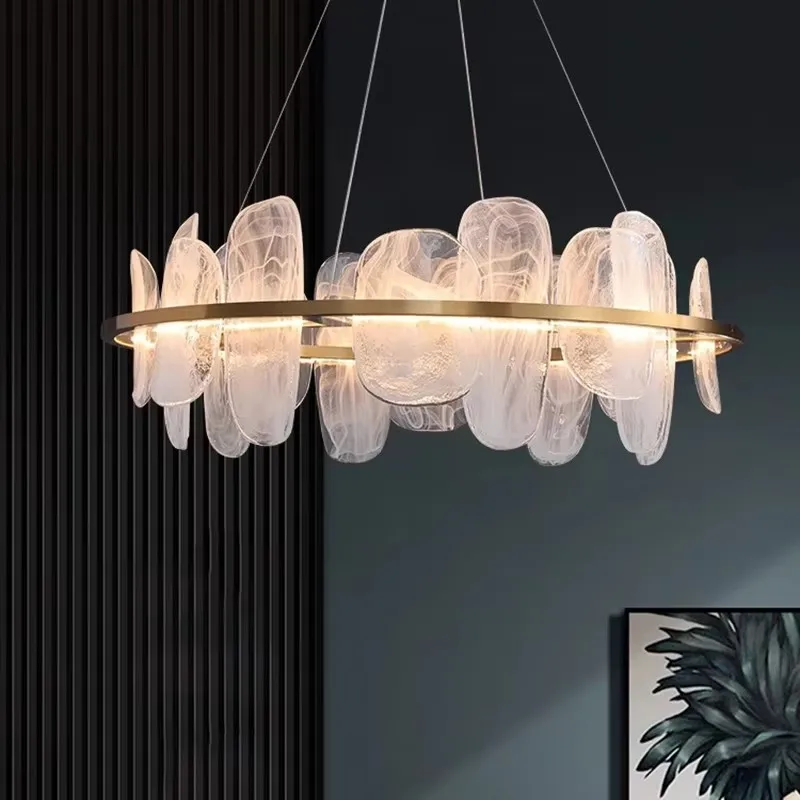 Luxury Gold Ring 40/60/80/100cm Chandelier Cloud Glass Adjustable Ceiling Pendant Light Dimmable Living Room Dining Room Fixture