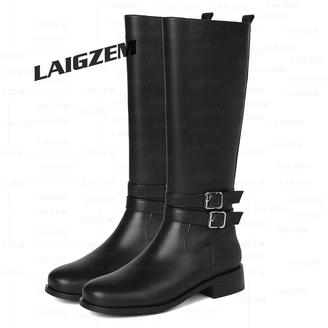

LAIGZEM Women Knee High Boots Real Leather 3CM Thick Heel Boots Full Side Zip Handmade Ladies Shoes Woman Big Size 36 38 40 43