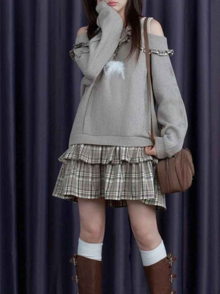 

Элегантный комплект из 2 предметов в японском стиле, топы с длинными рукавами + утягивающая клетчатая юбка с застежкой талии, женская новинка 2025, зимняя модная одежда