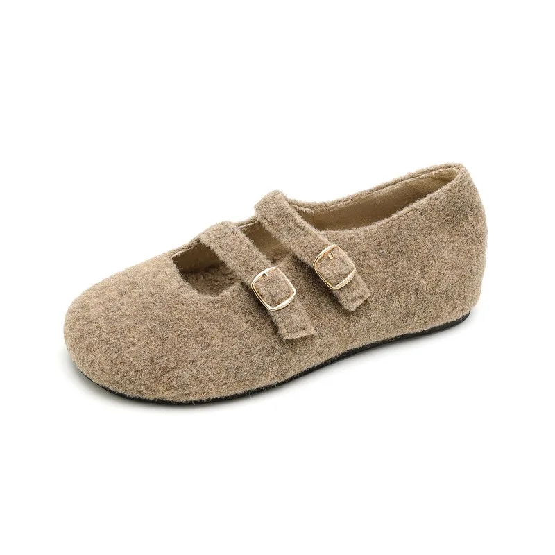 Mom Women's Round Toe Double Buckle Knit Mary Janes Fur Lined Low Heel Shoes Leather Decorated Slip-On Loafers