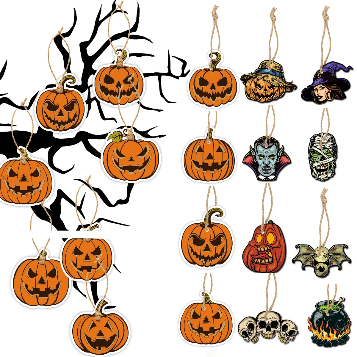 Adorno Vintage para árbol de Halloween, etiqueta colgante de Calavera, calabaza de terror, bruja, decoración del hogar para fiesta de Halloween, 8 piezas