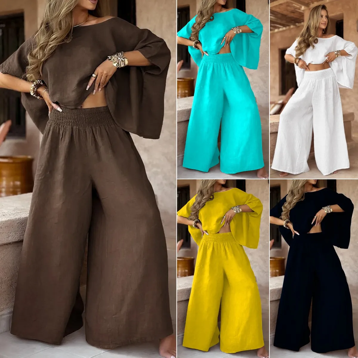 Setelan Kebesaran Gaya Baru Wanita Musim Panas 2025 Celana Panjang Kaki Lebar Atasan Setelan Celana Panjang Gaya Kasual dan Serbaguna Berkemah Luar Ruangan Wanita