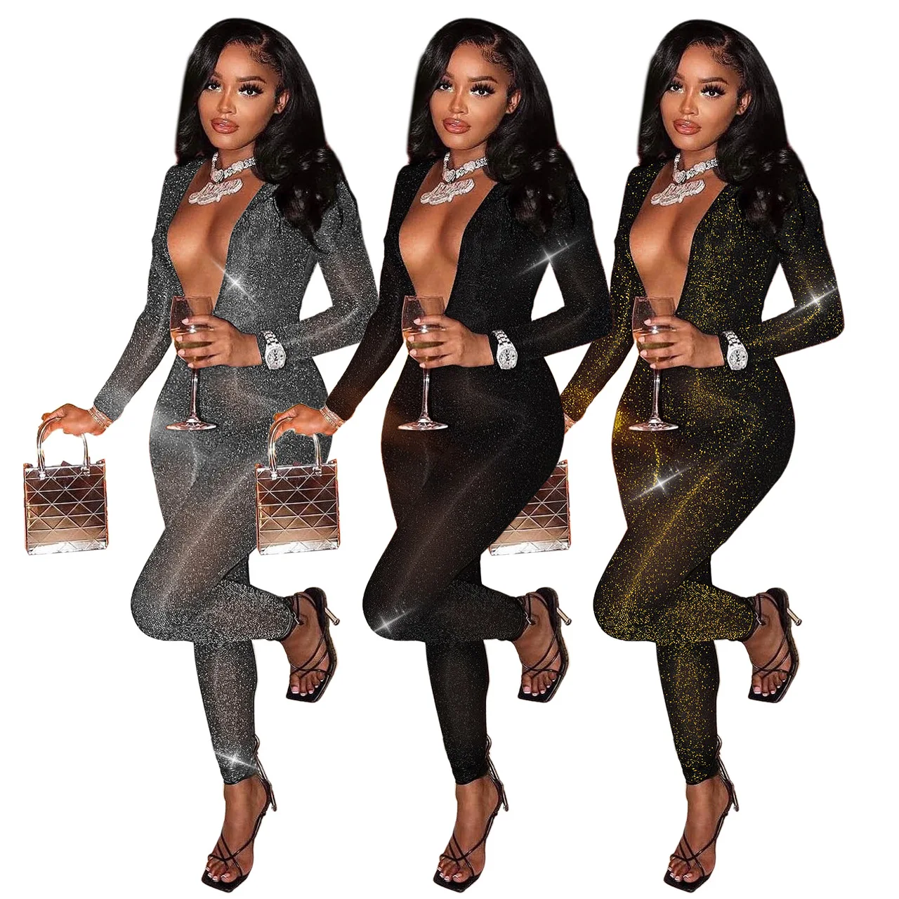 

Spring Fall Women Jumpsuits Sexy Backless V-Neck Club Party Jumpsuit Fashion Lady Long Sleeves Shiny Silk Slim Rompers Bodysuit