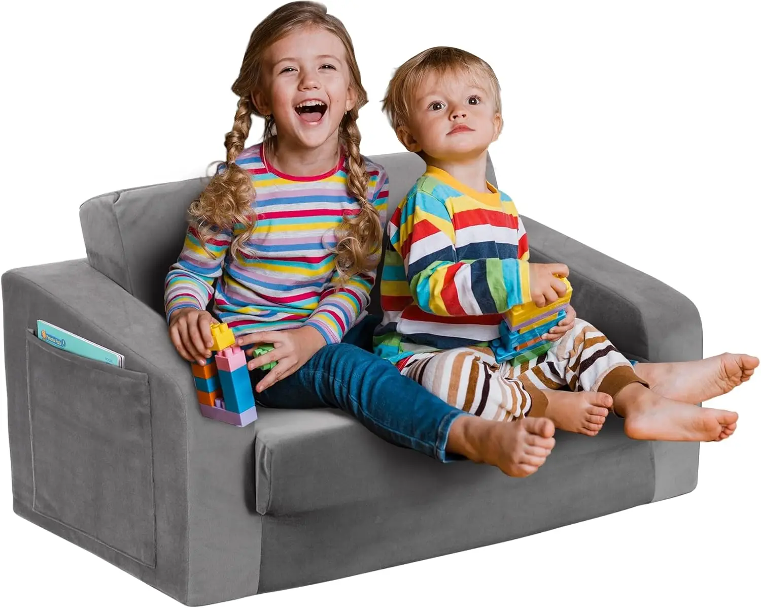 

Kids Couch, Extra Wide 2-In-1 Toddler Sofa Convertible Fold Out To Lounger Bed For Girls And Boys, Grey