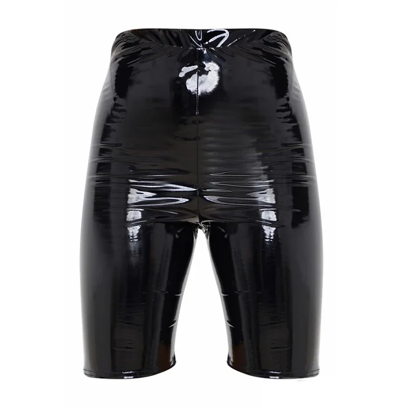 Pantaloncini da donna sexy aderenti in pelle PU lucida a vita alta attillati al ginocchio allenamento in palestra capris elasticizzati estivi