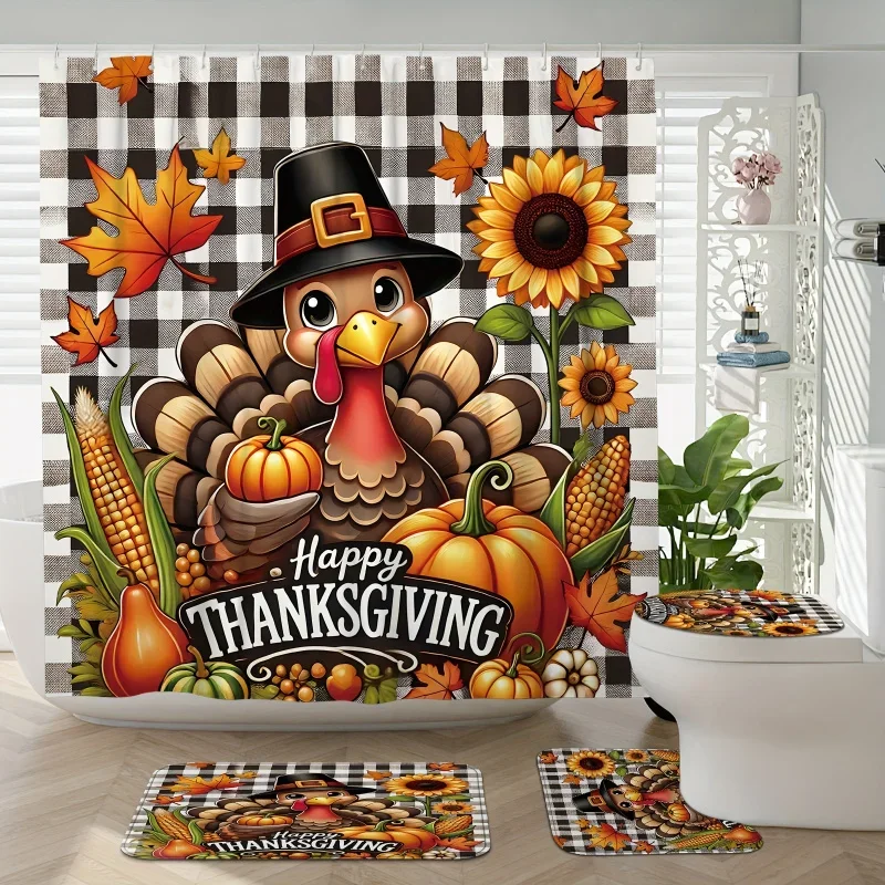 1/4pcs Thanksgiven Fall Set Turkey Sunflower Maple Pumpkin Farmhouses Harvest Burnt Orange Shower Curtain Waterpr