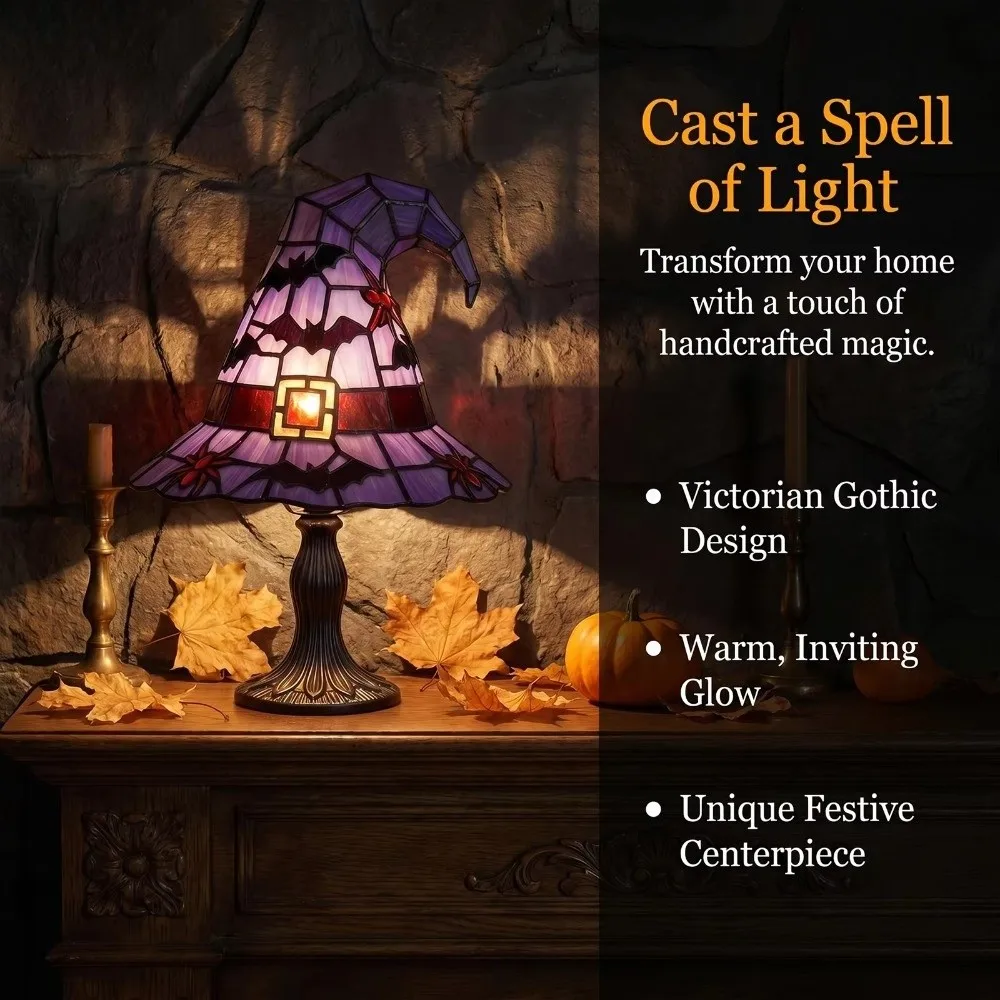 Portable Witch Hat Lamp Stained Glass USB Powered Halloween Table Lamp LED Warm Light Multifunctional Gothic Night Light
