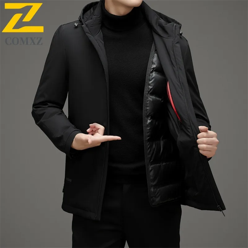 COMXZ Premium Mens Short Down Jacket Hooded Business Leisure Windproof Parka Fashion Travel Lightweight Autumn Winter Coat