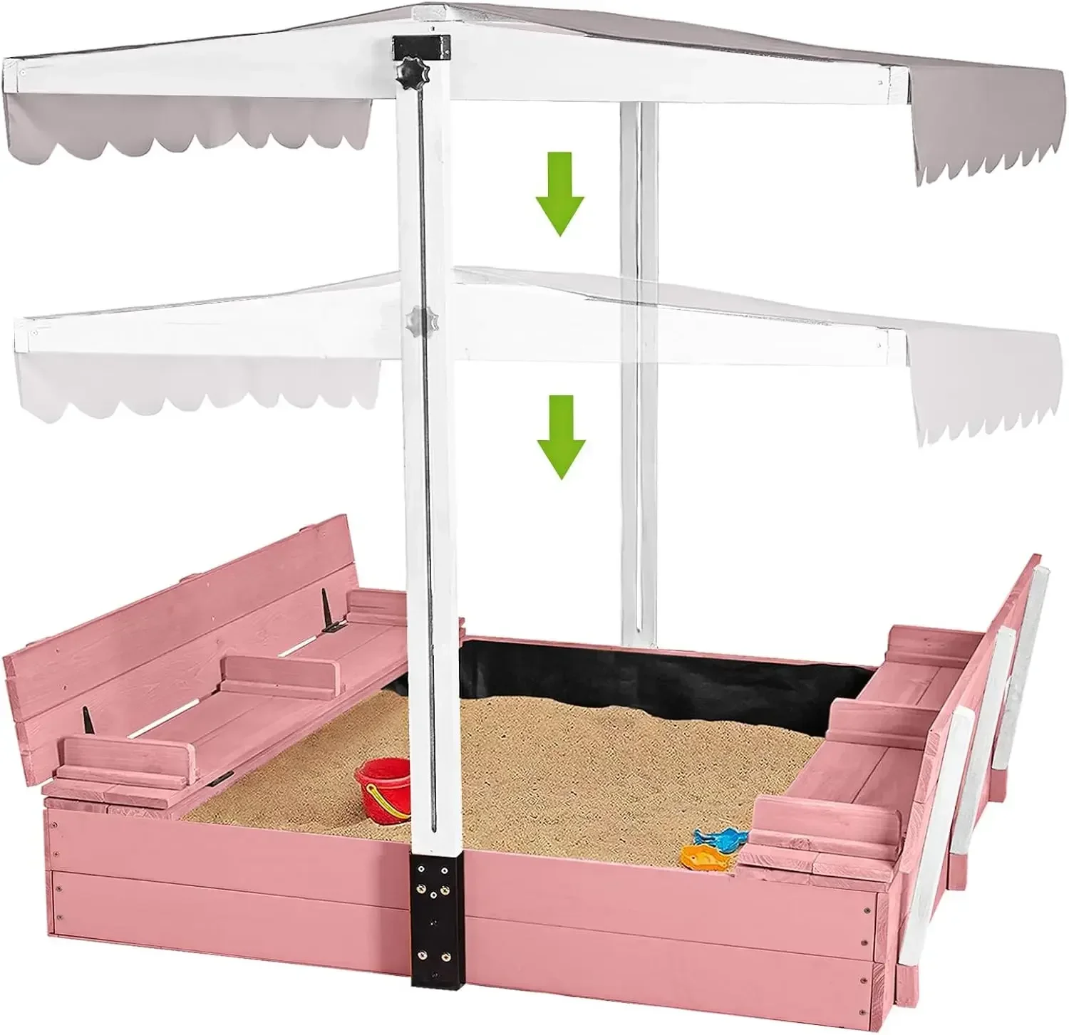 Kids Wooden Outdoor Sandbox w/Canopy, 2 Foldable Bench Seats, Retractable Roof Sand Protection Liner 47x47-Inch -Pink Color