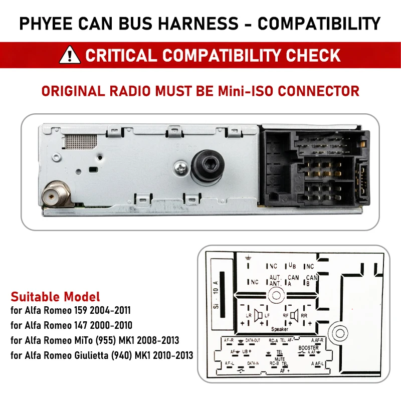 Mini-ISO Harness with CAN Bus Decoder for Alfa 147 159 MiTo MK1 Giulietta 2010-2013, SWC Retention, P&P 16Pin Android Adapter