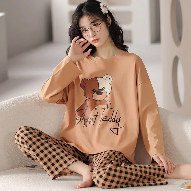 Lovely Print Autumn Winter New Faux Cotton Women Pajamas Set Long Sleeves Simple Sweet Printing Casual Loose Home Wear