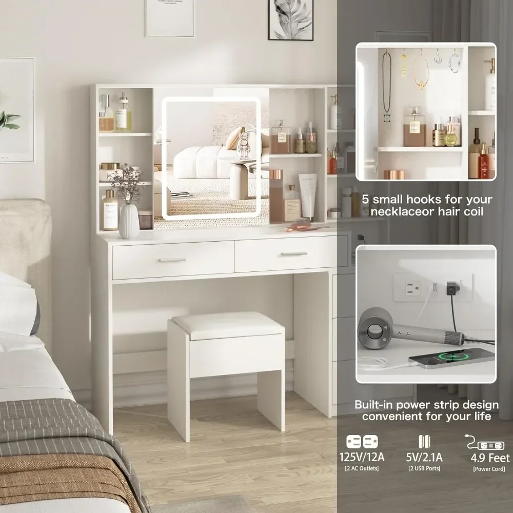 Dresser with Mirror and Lamp, White Dresser with Lighting, Make-up Dresser with Charging Station, Hidden and Open Shelves