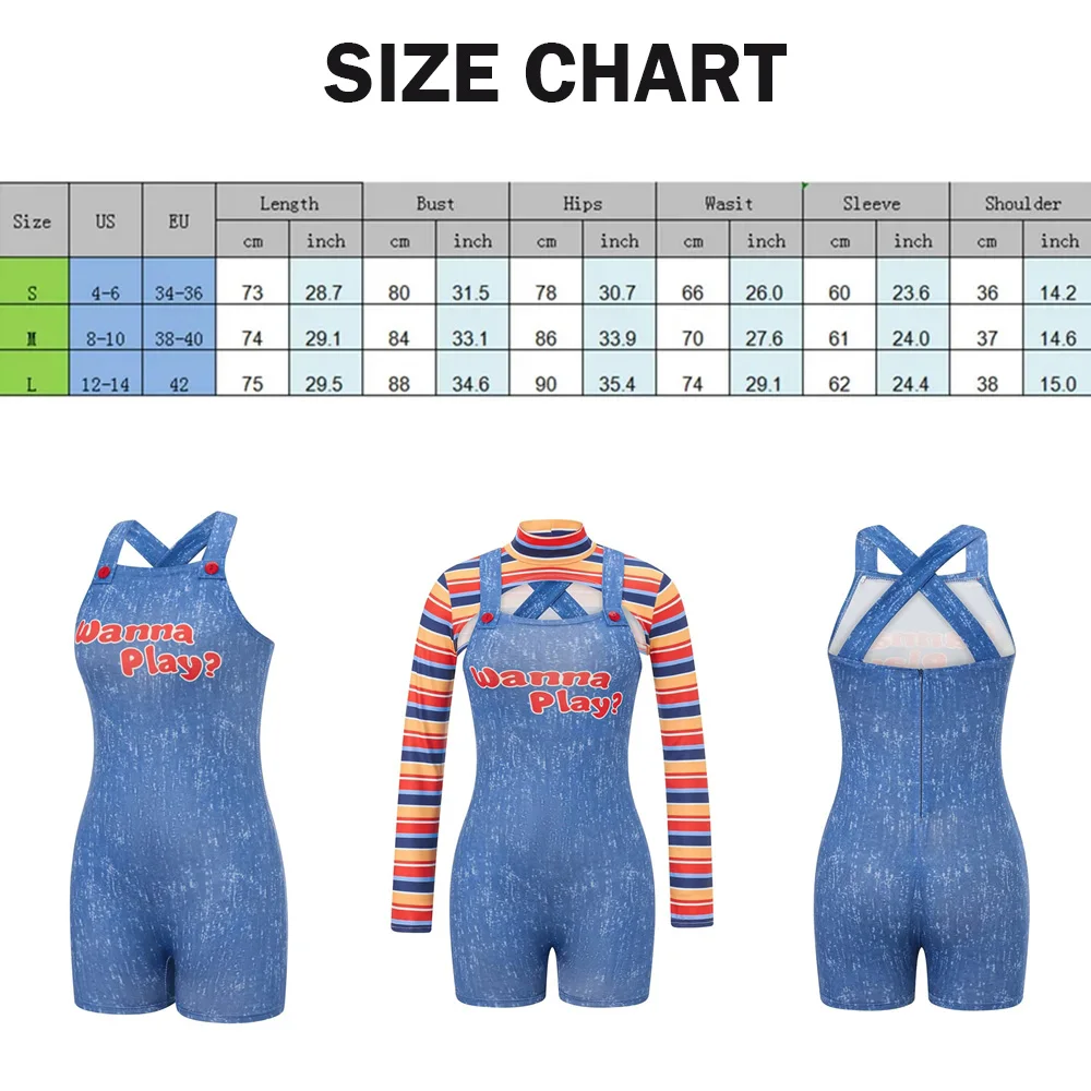 Horror Cosplay Kostuums voor Vrouwen Scary Nightmare Killer Doll Wanna Play Movie Character Bodysuit Chucky Doll Jumpsuit 2PC Set