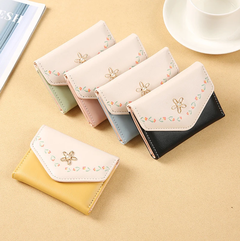 

Cute Flower Printed Wallet Women's Short Trifold PU Leather Wallet ID Card Holder Cash Pocket Female Lightweight Compact Wallets