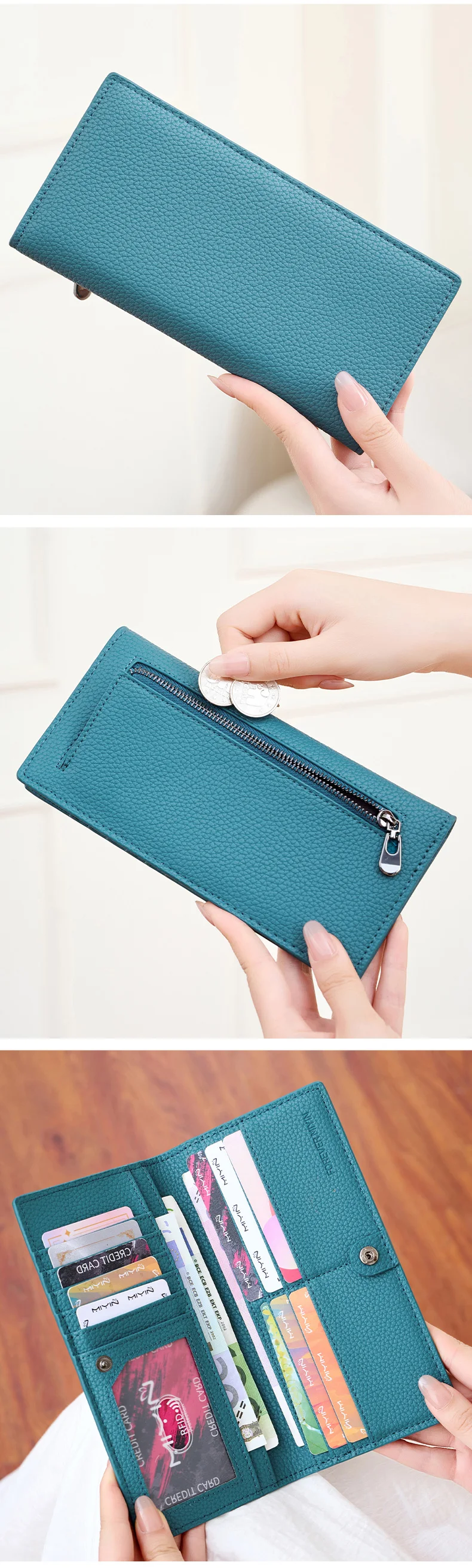 Minimalistische, ultradünne Damen-Geldbörse, RFID-blockierendes Kreditkartenetui, zweifach faltbar, lange Damen-Geldbörse, einfarbig, tragbare Clutch – Detail 7
