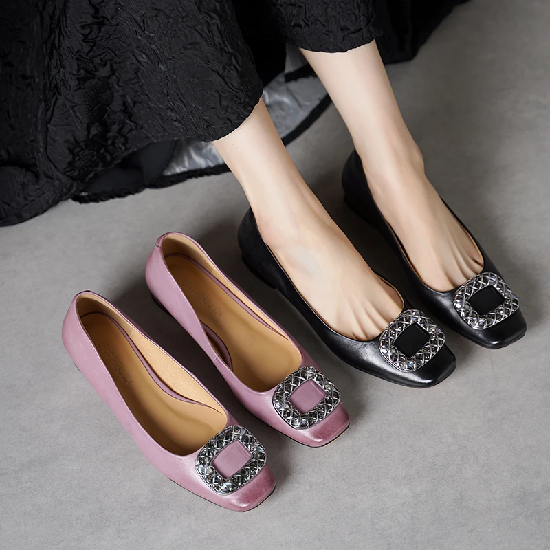 

Genuine Leather Square Toe Rhinestone Slip On Pumps Shallow Cut Flat Heel Wedding Party Dressy Evening Shoes for Women