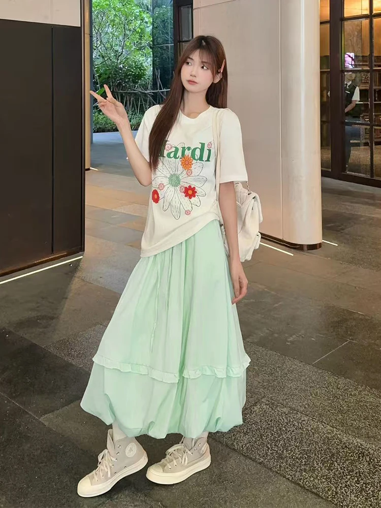 レディースサマーサンプロテクションバッドスカート - ハイウエストのゆったりとしたミディ丈スカート、お腹を隠す