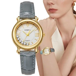 Moda Señoras 2024 Nueva simple romana bola de rodillos reloj de cuarzo de negocios de cuero gris de las mujeres de vestir reloj de regalo reloj de pulsera