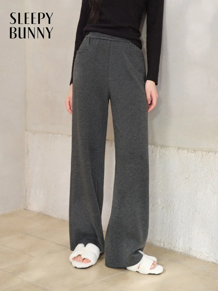 

Gray Knit Pants Women Soft Loose Straight-Leg Trousers Lady Trendy Striped Casual Lounge Bottoms Comfy Draping Daily Outfits
