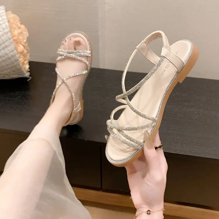 

Fairy Fengshui rhinestone flat sandals for women, open toe elastic slip-on cross-leg large size